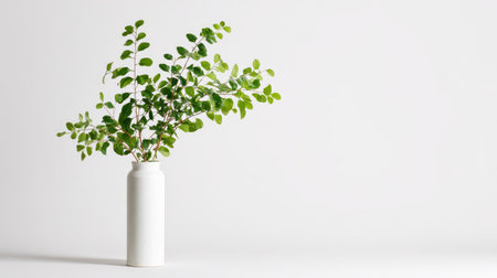 A serene composition featuring a white vase holding green foliage, perfect for modern decor. The clean background enhances the fresh and tranquil vibe of the arrangement.の素材