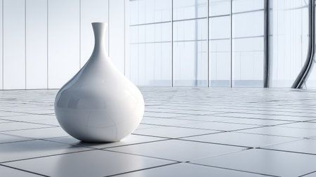 This image showcases a sleek white vase positioned on a modern tiled floor within a bright, minimalist environment, exuding a sense of elegance and tranquility.の素材