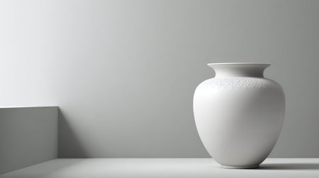 A beautifully designed white ceramic vase with unique texture stands prominently on a minimalist shelf, enhancing the serene ambiance of modern interior design in a subtle gray setting.の素材