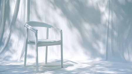 A serene image of a minimalist white chair set against a soft backdrop. Ideal for showcasing elegant interior design, this piece captures light, texture, and tranquility.の素材