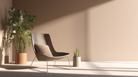 A beautifully designed minimalist living space featuring a stylish armchair, indoor plants, and soft natural light creating an inviting atmosphere.の素材