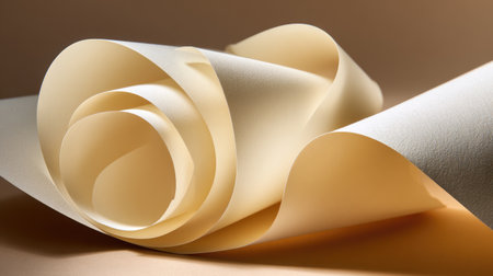 Close-up of a beautifully curled beige paper, showcasing its smooth texture against a soft background, perfect for creative projects and artistic inspirations.の素材