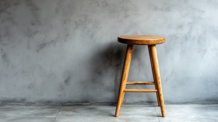 A simple wooden stool rests against a textured gray wall, creating a serene and inviting atmosphere, perfect for modern interiors or artistic spaces.の素材
