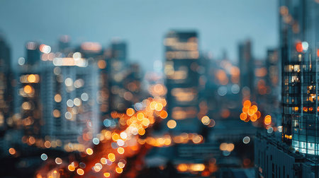 Captivating blurred city skyline showcases vibrant lights of modern skyscrapers and urban life at night, creating an energetic and dynamic atmosphere perfect for exploration.の素材