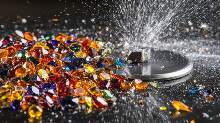 A stunning arrangement of colorful gems scattered on a black surface with a dynamic spray of water from a stone on a round disc, creating a magical effect.の素材