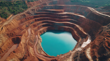 This aerial photograph showcases an abandoned open pit mine featuring striking geological layers, vibrant blue water, and captivating rural scenery, offering a unique environmental perspective.の素材