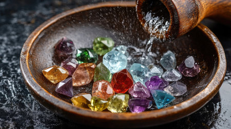 A stunning arrangement of colorful gemstones in a wooden bowl, enhanced by water splashing over them. This dynamic visual captures the beauty of nature and craftsmanship.の素材