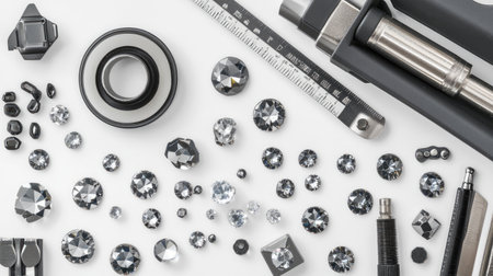 A meticulously arranged collection of black and clear gemstones alongside essential jewelry-making tools on a bright background, perfect for creative projects.の素材