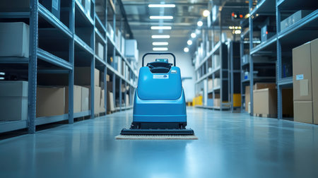 A bright and organized warehouse features a blue industrial floor scrubber machine designed for efficient cleaning operations, showcasing a clean workspace and modern equipment.の素材