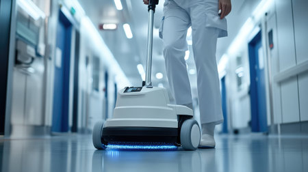 A dedicated medical staff member operates a high-tech floor scrubber in a hospital corridor. The scene highlights the importance of cleanliness and hygiene in healthcare environments.の素材