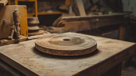 A detailed view of a round wooden disk atop a workbench, surrounded by fine wood dust, showcasing the artistry and skill involved in woodworking craftsmanship.の素材