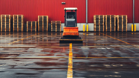 A heavy piece of equipment stands on a wet warehouse floor, surrounded by neatly stacked pallets against a bright red wall, creating a striking industrial scene.の素材