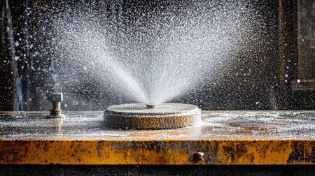 A stunning shot capturing the moment water sprays from industrial equipment in a workshop, showcasing the dynamic interaction of water, dust, and machinery in action.の素材