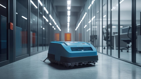 A cutting-edge autonomous cleaning robot operates within a sleek and modern office space, highlighting advancements in technology and efficiency in maintenance tasks.の素材