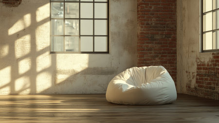 A cozy white bean bag chair sits in a bright industrial space with textured brick walls and large windows, perfect for relaxation, wellness, or contemporary decor.の素材