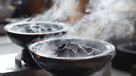 Captivating image showcasing steaming bowls of rich black clay on a pottery wheel, emitting gentle vapor in a warm artistic studio, highlighting the beauty of craftsmanship.の素材