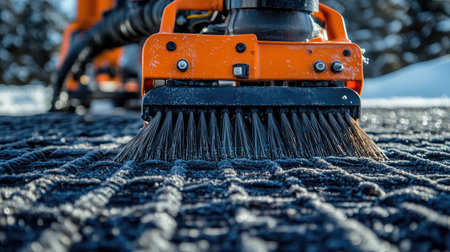 This image captures a close-up view of an industrial snow brush in action, detailing its bristles and machinery while clearing a textured surface during winter operations.の素材