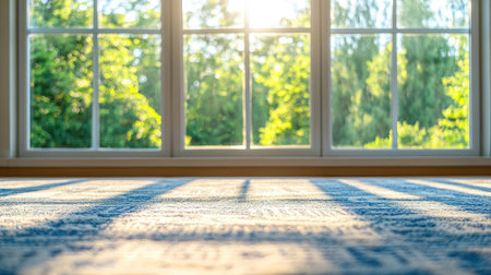 Bright sunlight streams through large windows, illuminating a cozy rug and casting gentle shadows. The lush green landscape outside creates a peaceful and inviting atmosphere.の素材