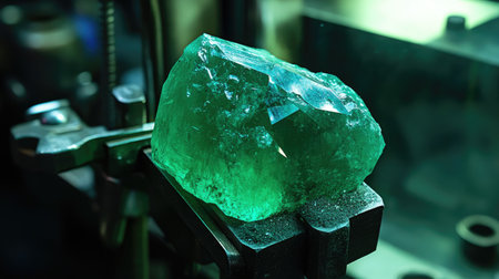 A stunning raw green crystal showcases its natural beauty and unique texture while sitting on a metal holder in a workshop environment, illuminated by vibrant light.の素材