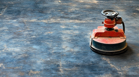 A close-up view of an industrial floor polisher resting on a textured surface with visible dust and dirt residue, showcasing the equipment's importance in maintenance.の素材