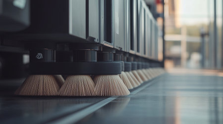 This image captures a close-up view of industrial cleaning equipment featuring brushes arranged on a smooth floor surface, showcasing modern facility technology and hygiene.の素材