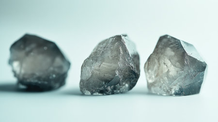 This captivating close-up image features three distinct crystals showcasing their unique shapes and textures against a clean, light background, embodying natural elegance.の素材