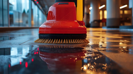 A red floor scrubber machine operates on a wet surface, showcasing its effectiveness in cleaning. The setting features a modern interior with reflections and soft lighting.の素材