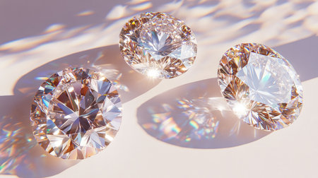 A captivating image featuring three round cut diamonds exuding brilliance and clarity, subtly reflecting light against a soft background, ideal for luxury themes.の素材