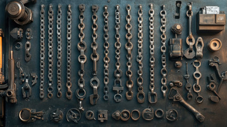 A meticulously arranged layout of industrial tools and heavy chains against a dark backdrop, perfect for showcasing manufacturing, repair, and mechanical work essentials.の素材