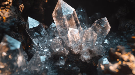 Discover the intricate beauty of a natural crystal formation, featuring sharp edges and stunning clarity against a dark rock backdrop, perfect for geology enthusiasts.の素材