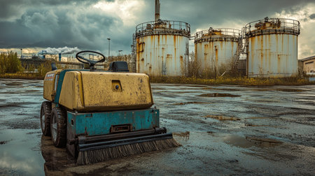 A vintage street sweeper sits idle in front of rusted oil storage tanks, reflecting the effects of time in an urban landscape under a moody sky.の素材