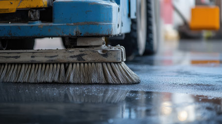 This close-up image showcases a colorful industrial floor sweeper brush in action, cleaning a wet surface in a warehouse environment. The focus highlights the equipment's efficiency and hygiene importance.の素材