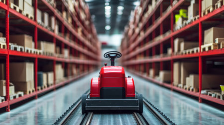 A red industrial tractor stands in a warehouse aisle, highlighting an efficient transport system amid stacked boxes and organized shelving for logistics operations.の素材
