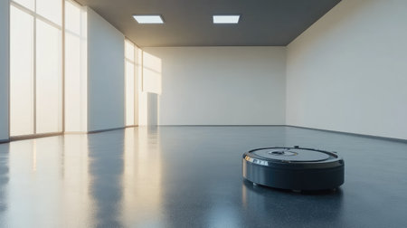 A sleek robotic vacuum cleaner stands alone in a spacious and minimally designed room, characterized by abundant natural light and clean surfaces, showcasing modern home technology.の素材