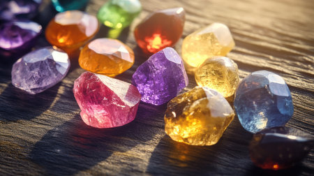 A stunning array of vibrant gemstones showcases a beautiful spectrum of colors and reflections on a rustic wooden surface, perfect for nature and decor themes.の素材