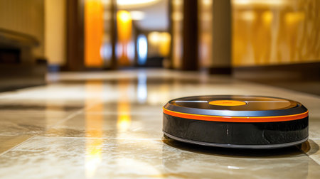 A sleek robot vacuum cleaner glides effortlessly across a polished floor in a well-lit hotel corridor, demonstrating cutting-edge technology in housekeeping and maintenance.の素材