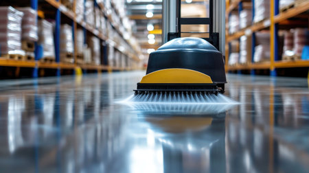 A high-tech cleaning robot operates in a spacious warehouse, effectively maintaining cleanliness on the shiny floor, illustrating advancements in industrial cleaning solutions.の素材