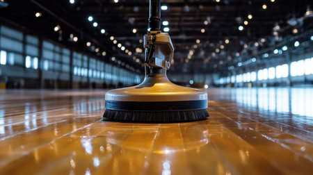 A close-up view of professional cleaning equipment used on a hardwood floor in a spacious sports hall, highlighting maintenance and hygiene practices in action.の素材