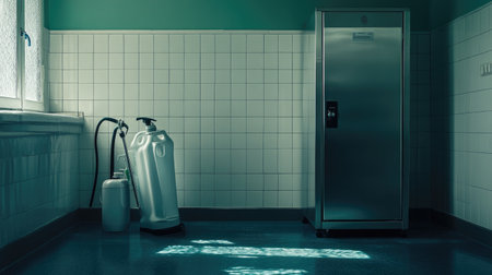 This kitchen space features a stainless steel refrigerator alongside white containers, portraying a clean aesthetic ideal for culinary activities and food storage.の素材