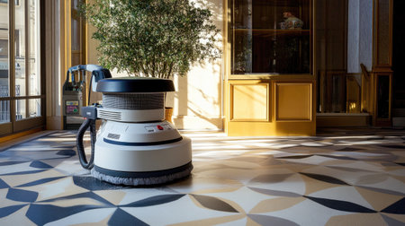 A sophisticated floor cleaner sits prominently on a stylish geometric floor in an upscale hotel lobby, symbolizing modern maintenance technology and cleanliness.の素材