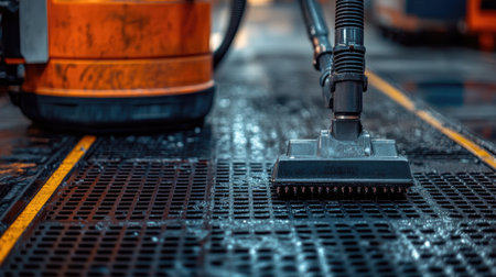 A detailed view of an industrial cleaning process featuring a wet vacuum cleaner effectively removing water from a textured floor in a warehouse environment.の素材