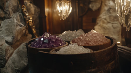 This enchanting image showcases a rustic wooden barrel filled with colorful gemstones and crystals, set in a dimly lit cave, evoking a mystical and serene ambiance.の素材