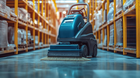 This image showcases an industrial floor scrubber positioned in a well-organized warehouse, emphasizing efficiency in cleaning and maintenance across commercial spaces.の素材