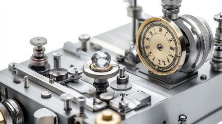 This image captures the detailed components of vintage precision machinery, featuring a classic clock, various gears, and tools used in mechanical design and engineering.の素材