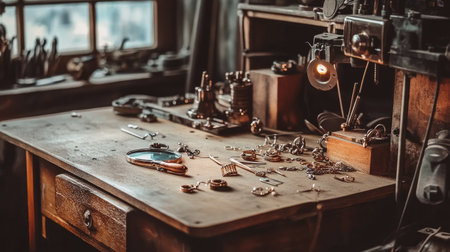 A cozy vintage workshop scene featuring a wooden desk adorned with tools, jewelry pieces, and crafting equipment, capturing the essence of artistry and creation.の素材