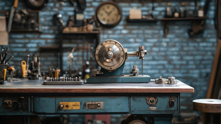 A detailed view of a vintage workshop featuring a precision lathe on a rustic table. This setting highlights the focus on craftsmanship and mechanical artistry.の素材