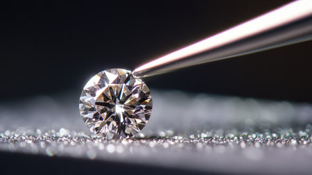 This close-up image captures the stunning beauty of a round cut diamond, held delicately by a precision tool. Sparkling on a glittering surface, it exudes elegance and luxury.の素材