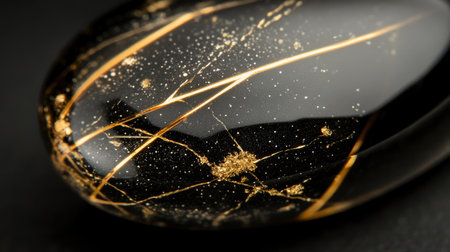 This stunning close-up image features a black stone adorned with elegant golden stripes and sparkling details, showcasing its unique texture and beauty.の素材
