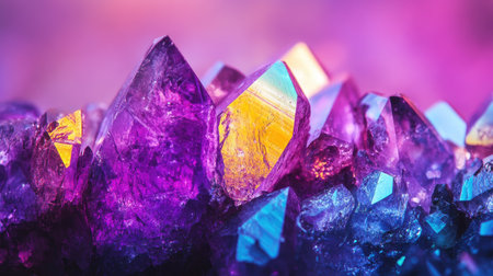 Stunning close-up of colorful amethyst crystals showcasing vibrant hues and intricate textures, ideal for abstract backgrounds and nature-inspired designs.の素材