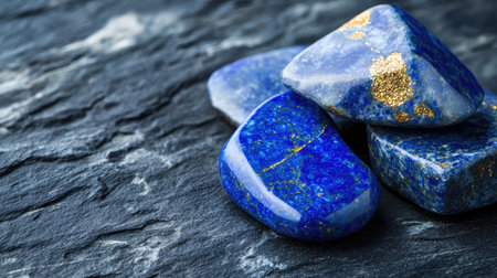 A stunning close-up of lapis lazuli stones with golden flecks resting on a dark slate surface. Ideal for decorative, healing, or artistic uses in various settings.の素材